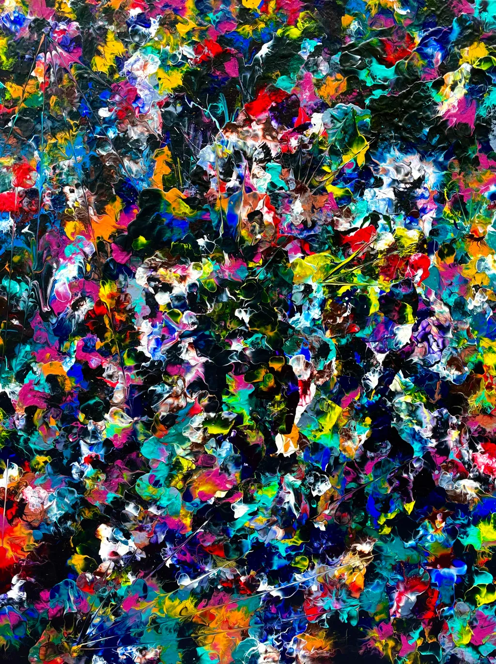 KING OF HEARTS, square abstract painting in acrylic, Floetrol and water, surging bands of colour folding into each other like a storm