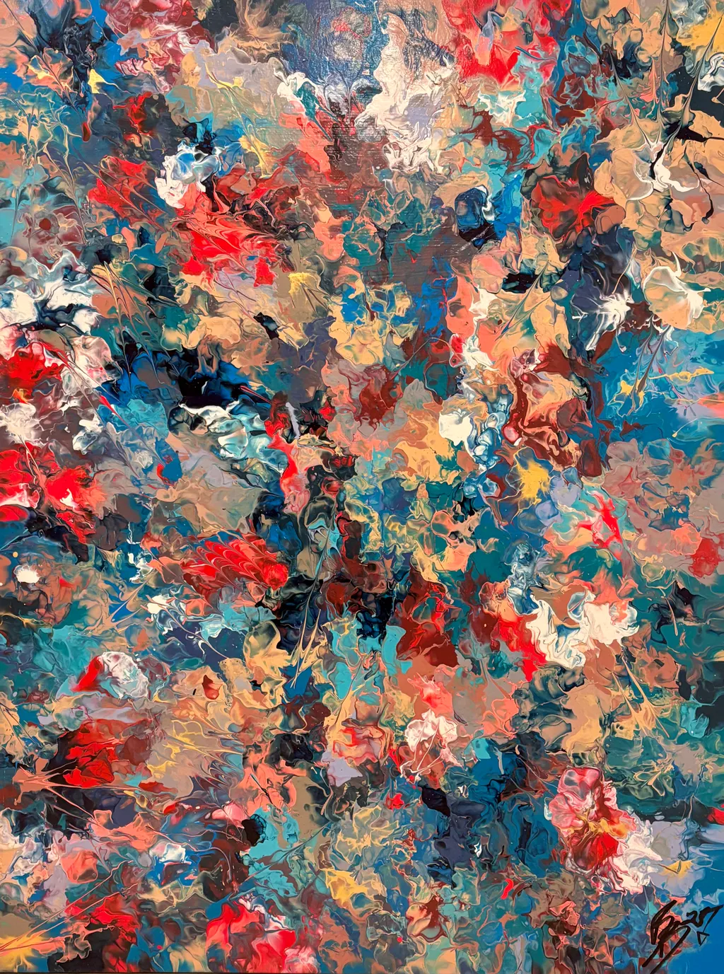 Bella Mente, large abstract painting in acrylic, Floetrol and water of colliding forms and overlapping marks on canvas