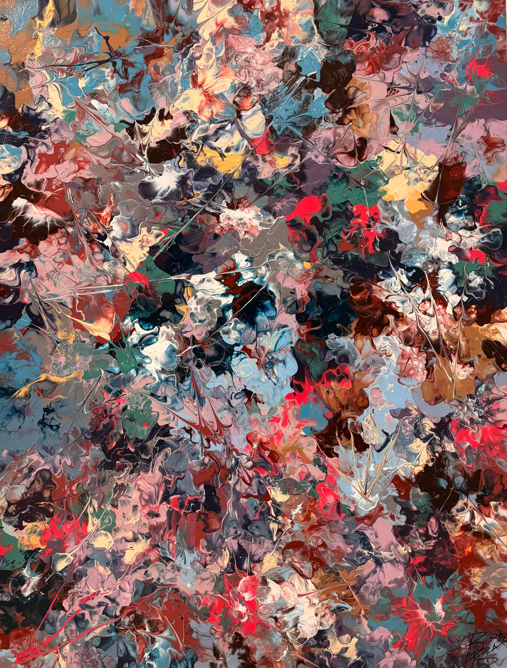 Bellissimi Ochi Verdi, square abstract painting in acrylic, Floetrol and water of scattered star-like marks across a dark, broken field