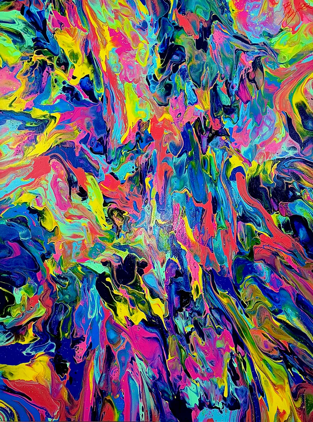 The 2 Minutes That Took Ten Years, abstract acrylic, Floetrol and water painting in stormy greens suggesting a pair of eyes