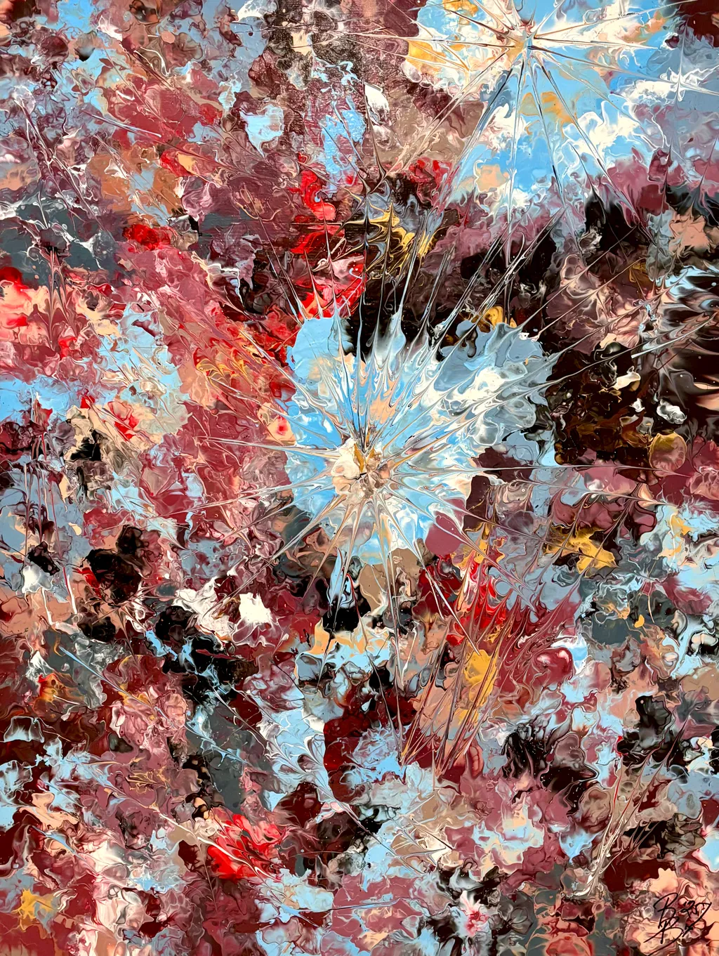 Bellissimo Processo, tall abstract painting in acrylic, Floetrol and water, warm amber strokes laid over bruised violet